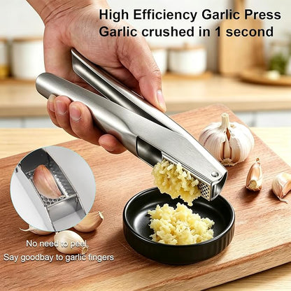 Garlic Press Stainless Steel, Garlic Mincer & Crusher with Peeler Tube and Cleaning Brush, Large Capacity Ergonomic Handle, No Need to Peel, Dishwasher Safe Garlic Press with Built-in Bottle Opener