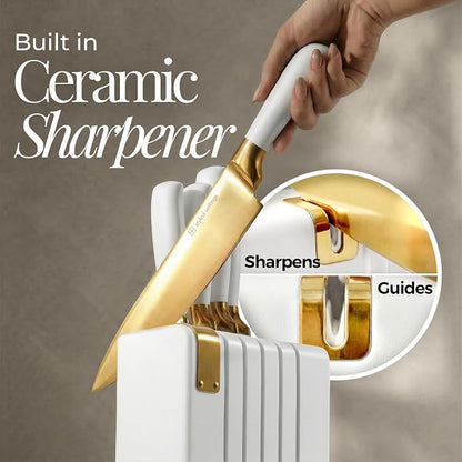 White and Gold Knife Set with Magnetic Knife Holder - Space Saving Convertible In Drawer Knife Set with Built In Sharpener, German Stainless Steel Kitchen Knives