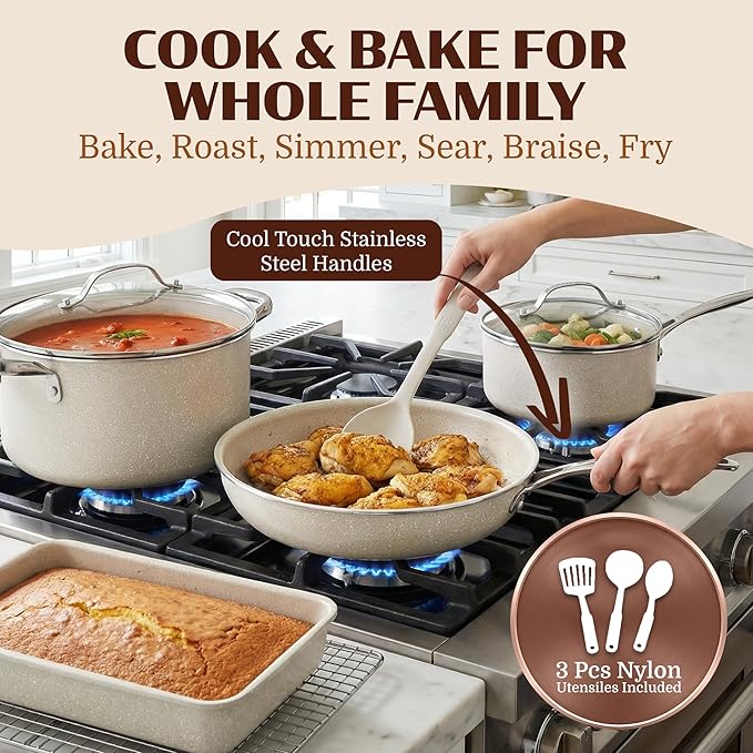 20 Pc Pots and Pans Set Nonstick - Granitestone Ceramic Cookware Set, Diamond Infused, with Bakeware, Utensils & Steamer, Non Toxic PFOA PFOS Free, Oven Safe to 500°F, Dishwasher Safe