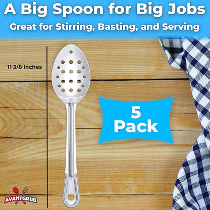 Super Strong, Ergonomic 11 in Serving Spoon 5 Pk. Big, Perforated Stainless Steel Spoons for Cooking, Baking and Basting. Best Kitchen Flatware for Buffet and Banquet Service in Restaurants and Homes