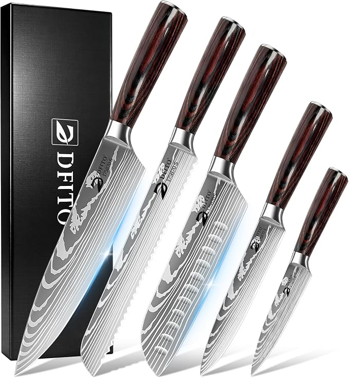 Dfito Kitchen Knife Set, 5 Pieces High Carbon Stainless Steel Chef Knife Set with Red Pakkawood Handle, Ultra Sharp Professional Chef Knives Sets for Home Cooking, Dishwasher Safe