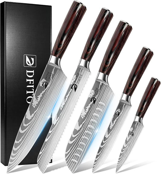 Dfito Kitchen Knife Set, 5 Pieces High Carbon Stainless Steel Chef Knife Set with Red Pakkawood Handle, Ultra Sharp Professional Chef Knives Sets for Home Cooking, Dishwasher Safe