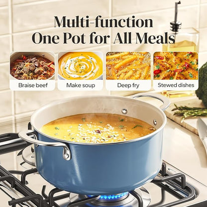 Redchef Ceramic Stock Pot, Induction Cooking Pot with Glass Lid for Soup, 5Qt Stockpot Nonstick Soup Pot, Even Heating, Stay-Cool Handles,Fits All Stoves, Oven/Dishwasher Safe, PFAS Free (Blue)