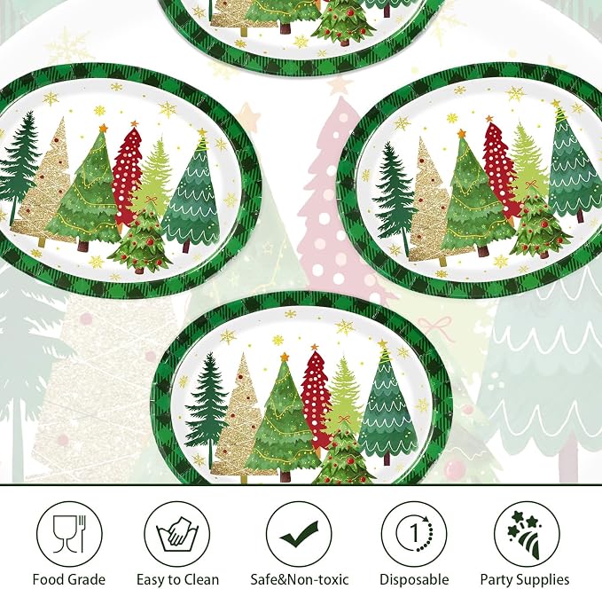 50Pcs Christmas Tree Oval Plates 10" x12" Large Christmas Tree Heavy Duty Paper Plates Santa Trees Disposable Platters Tableware for Winter Holiday Xmas Party Decorations