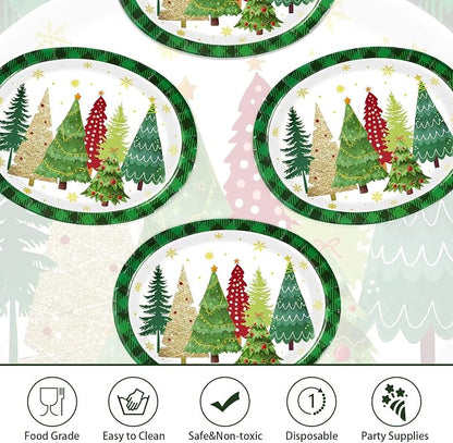 50Pcs Christmas Tree Oval Plates 10" x12" Large Christmas Tree Heavy Duty Paper Plates Santa Trees Disposable Platters Tableware for Winter Holiday Xmas Party Decorations