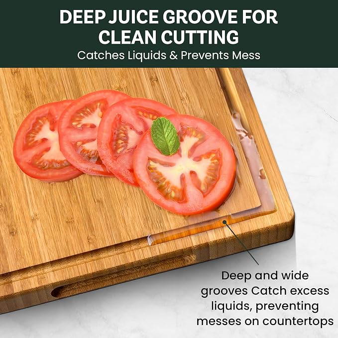 Bambüsi Large 16 Inch Bamboo Cutting Board with Juice Groove and Handles - Heavy Duty Butcher Block for Kitchen, Meat, Cheese, Vegetables, Food Prep and Serving
