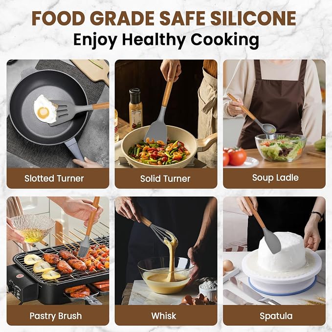 Kitchen Utensils Set - 12 Pcs Silicone Cooking Utensils Set with Wooden Handle - Heat Resistant Non-Stick BPA Free Spatula Set,Turner, Spoon, Brush, Silicone Kitchen Gadgets Utensil Set