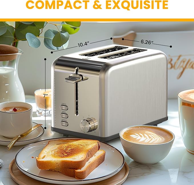 Simple Deluxe 2-Slice Toaster, 6 Browning Setting and 3 Function, Extra Wide Slot & Removable Crumb Tray, for Bread & Waffle, Silver