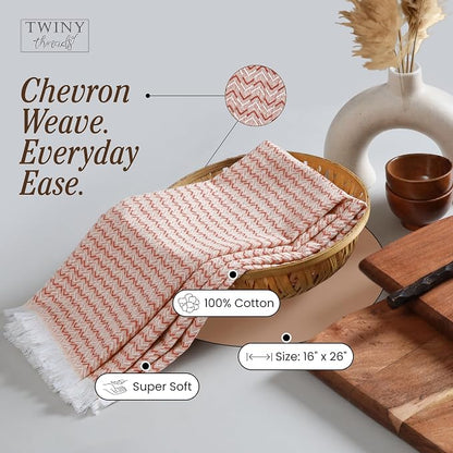 TWINY threads Kitchen Dish Towel Chevron Weave, Premium Large 100% Cotton Kitchen Linen Set, Dish Rags and Wash Rags, Absorbent Quick Drying, Washable Reusable, Pack of 4, 16 x 26 Inch, Rust
