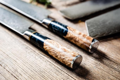 Tidal Collection 8 PCS Damascus Knife Set with stunning black resin and burl wood handles with your engravement.
