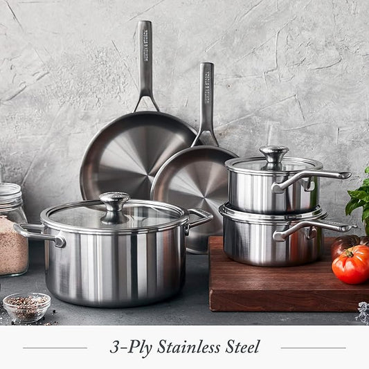 Merten & Storck Tri-Ply Stainless Steel 8 Piece Cookware Pots & Pans Set,Professional Cooking,Multi Clad,Measurement Markings,Drip-Free Pouring Edges,Durable Glass Lids, Induction,Oven&Dishwasher Safe