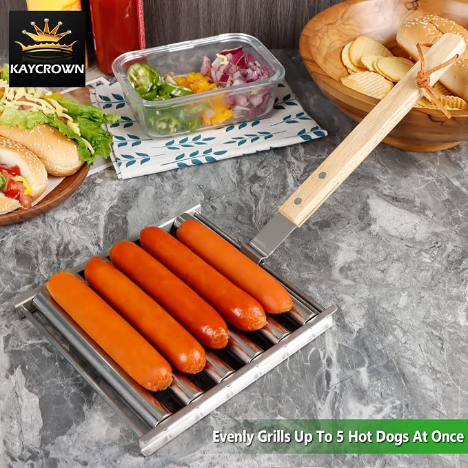 KAYCROWN Hot Dog Roller Sausage Rack with Extra Long Wood Handle, BBQ Griller For Evenly Cooked Dogs, 5 Capacity, Silver