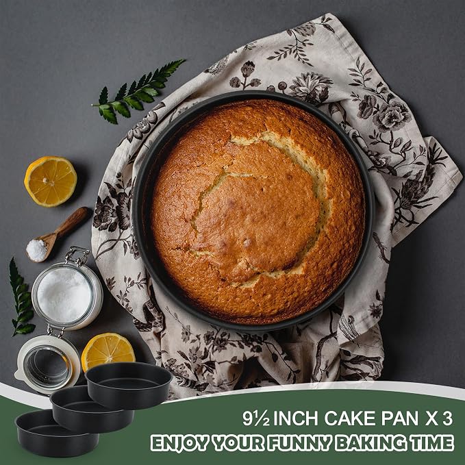 E-far 9.5 Inch Cake Pan Set of 3, Nonstick Round Baking Layer Cake Pans, Stainless Steel Core & Non-Toxic Coating, 2 Inch Deep (Black)