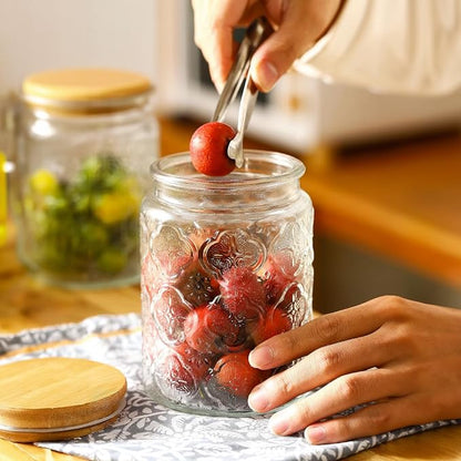 Custde 23.7 fl oz Vintage Glass Jar with Bamboo Lid - Airtight Decorative Food Storage Canisters for Kitchen Counter, Ideal for Candy, Sugar, Coffee, Tea, Cute jar(Sunflower*1)