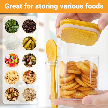 Glass Spice Jars with Airtight Lids - 2 Pack 10 Fl.oz Square Glass Storage Jars with Bamboo Lid and Spoon, Kitchen Pantry Storage Container Food Canister for Coffee, Sugar, Loose Tea, Candy