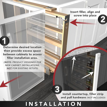 Rev-A-Shelf Kitchen Cabinet Pullout Wall Filler Wooden Organizer Slide Out Pantry Storage w/Soft-Close in Multiple Sizes, 3 x 42 in, 432-WFBBSC42-3C