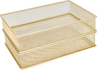 Annova Mesh Stackable Drawer Cabinet and Shelf Organizer Bins Storage Basket School Office Supply Holder Tray- Set of 2 (Gold, 6x9x2 Inch)