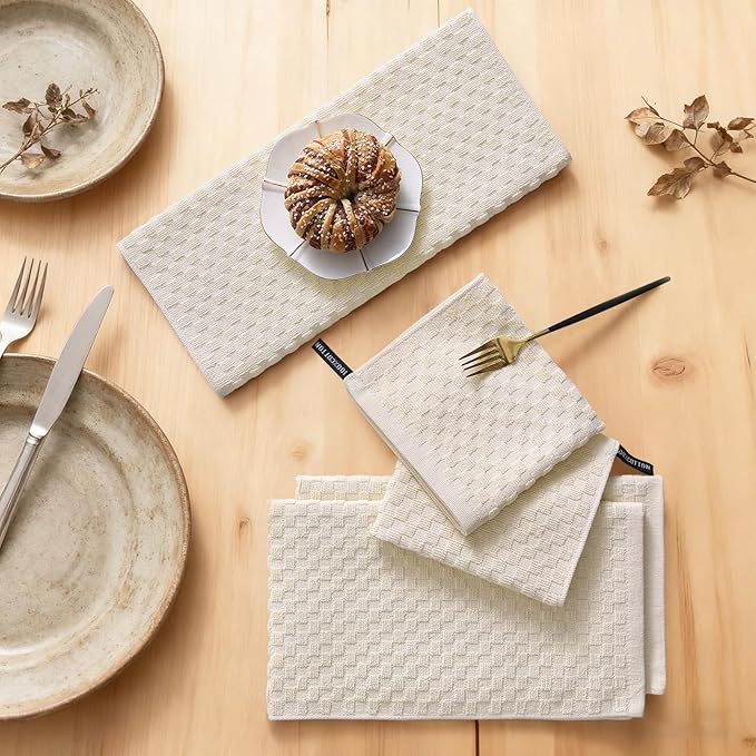 Homaxy 100% Cotton Kitchen Towels and Dishcloths Set, 12 x 12 & 15 x 25 Inches, Set of 10 Bulk Terry Cloth Dish Towels, Super Soft and Absorbent Hand Towel with Hanging Loop, Beige