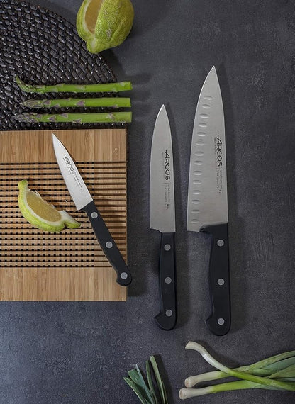 Arcos Knife Set 3 pieces Nitrum Stainless Steel. Professional Kitchen Knives for Cooking. Ergonomic Polyoxymethylene POM Handle. Series Universal. Black Color