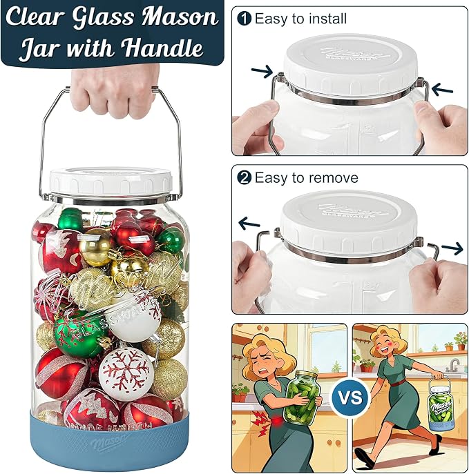 1.5 Gallon Huge Glass Jar with Airtight Lid, Wide Mouth Large Mason Jars for Fermenting, Pickling, Canning, Water Glassing Eggs, Kombucha, and Food Storage – with Handle & Scale Marks(2 Packs)