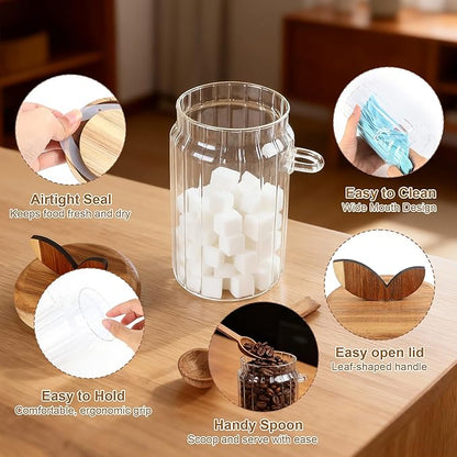 holoith 2 Pack Sugar Bowl Sugar Container 27oz Glass Jars with Bamboo Lid and Spoon, Airtight Food Storage Jar for Coffee Bar, Kitchen Canisters for Coffee Beans, Spice, Brown Sugars, Nuts, Candy