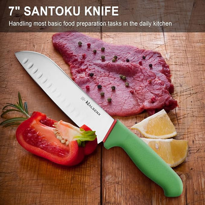 Santoku Knife 7 Inch – High Carbon Stainless Steel with Fluted Edge & Non-Slip Softgrip Handle, Multi-Purpose Kitchen Knife for Vegetable Chopping, Precise Dicing, Meat Slicing (Green)