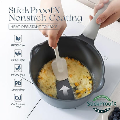 PRICUSIS Ceramic Nonstick Saucepan with Lid, 3 Quart Non Toxic Pot with Pour Spouts, Full Coated, 100% Dishwasher Safe, Induction Compatible, PTFE PFAS & PFOA Free, Grey