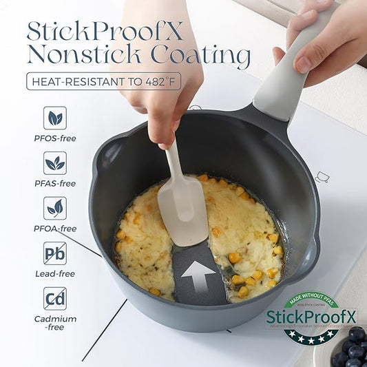 PRICUSIS Ceramic Nonstick Saucepan with Lid, 3 Quart Non Toxic Pot with Pour Spouts, Full Coated, 100% Dishwasher Safe, Induction Compatible, PTFE PFAS & PFOA Free, Grey