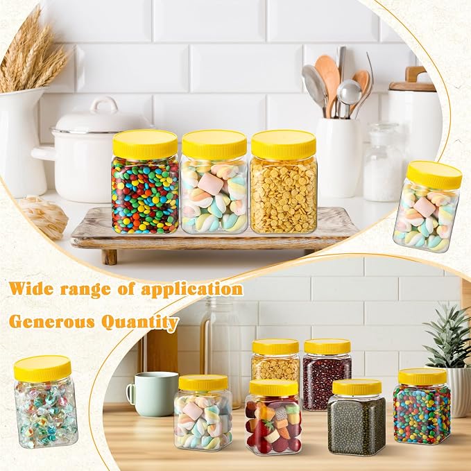 Nosiny 12 Pcs 24 oz Clear Plastic Jars with Lids Square Plastic Container Large Candy Jars with Screw on Lids Refillable Kitchen Storage Containers for Dry Food, Coffee (Yellow)