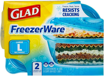 Glad GladWare FreezerWare Food Storage Containers with Lids, Large Rectangle BPA Free Plastic for Freezing Soups Meals and Batch Cooking, Crack Resistant, Microwave Dishwasher Safe, 64 Oz, 2 Ct - 6 Pk