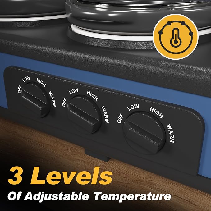 Triple Slow Cooker & Food Warmer, 3×1.5 QT Buffet Slow Cooker with Removable Ceramic Pots, PFAS-Free, 3 Temperature Settings, Dishwasher-Safe Glass Lids & Spoons for Parties Families, Blue