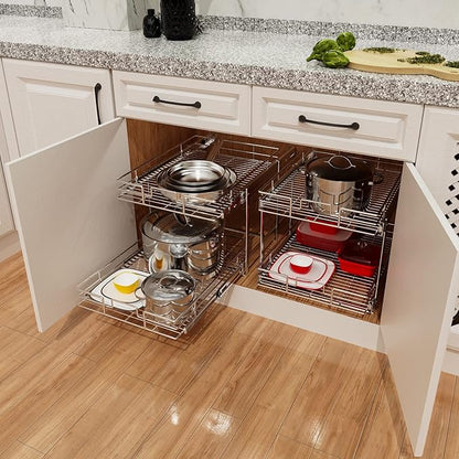 ROOMTEC Individual Pull Out Cabinet Organizer (15½" W x 21½" D), 2 Tier Spice Rack Organizer for Cabinet, Slide Out Drawer Pantry Shelf Organization and Storage for Kitchen Bathroom