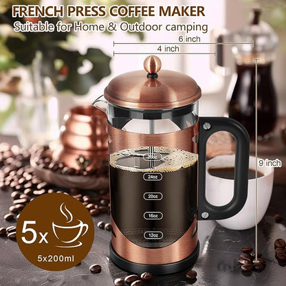 YMMIND 34 Ounce French Press Coffee Maker Copper Stainless Steel Coffee Press, with 4-Level Filter System, Heat Resistant Thickness Borosilicate Glass, BPA-Free Brewed Coffee Pot for Camping Gifts