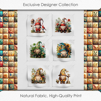 Gnome Patchwork Cotton Fabric Panel – 6 Designs 10×10 inch + Bonus Patchwork Sheet 29.5×19.6 inch, 100% Cotton 140 GSM, Eco-Printed Quilting & Sewing Fabric (USA Size)