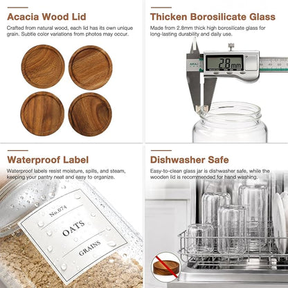 CONNOO 28oz Glass Storage Jars with Wood Lids (6-Pack) – Includes 120 Pre-Printed Waterproof White Kitchen Labels – Airtight Pantry Containers for Rolled Oats, Pasta & Cereals