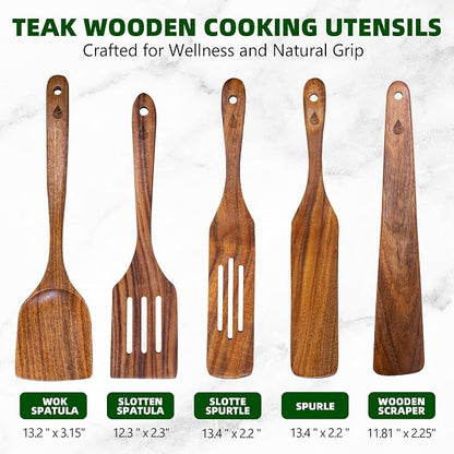 5 PCS Wooden Spatula for Cooking, Natural Teak Wooden Utensil Set, Non-Toxic Wood Cooking Utensil, Handmade Comfort Grip Wood Spoons for Nonstick Cookware