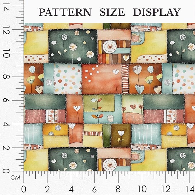 Patchwork Cotton Fabric Panel 61 x 36.6 Inches, Scandinavian Heart Pattern Quilt Style, Multicolor Rustic Design, 100% Cotton 140 GSM