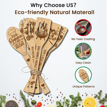 CUTHOLLOW 6PCS Barbecue Wooden Kitchen Cooking Utensil Set, 11.9in Non Toxic Bamboo Wood Spoon Set for Cooking, Best Housewarming Birthday Thanksgiving Christmas Gift for Women Mother