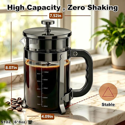 QUQIYSO French Press Coffee Maker, Large Coffee Press with Thick Borosilicate Glass, 304 Stainless Steel Filter, Finish Tea & Cold Brew Coffee Maker for Home, Office, Party, 51oz, Dark Pewter