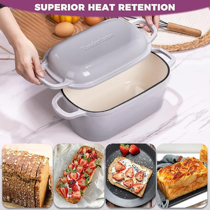 4.6-Quart Oval Dutch Oven for Bread Baking, 2 in 1 Cast Iron Bread Pan with Lid, Sourdough Baking Pan for a Crispy Crust, Oyster Grey