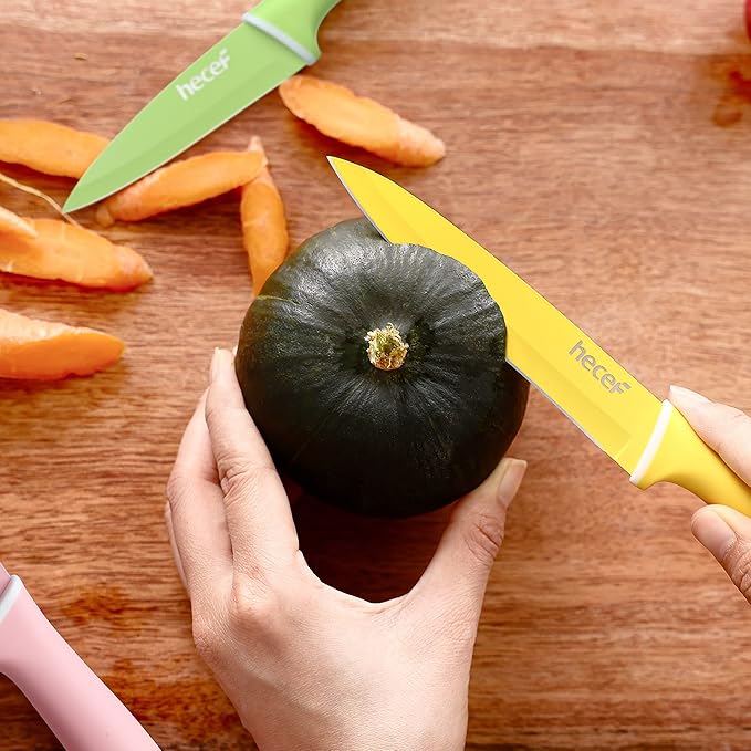 hecef Colorful Knife Set, 6 Pieces with Covers, Dishwasher Safe, Stainless Steel Colour Coded Non-Stick Cooking Knives Including Paring, Utility, Bread, Carving