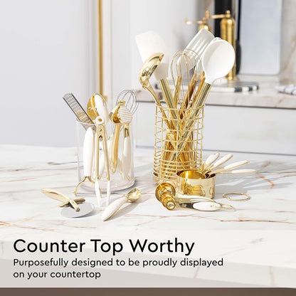 White and Gold Kitchen Utensils Set - 23-Piece Gold Kitchen Accessories Include Measuring Cups and Spoons Set, Silicone Utensils, and Utensil Holder for Baking, Cooking, and Stylish Kitchen Decor