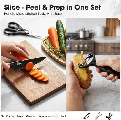 Knife Set, Kitchen Knife Set with Block, 7 Pcs Kitchen Knife Set with 3-in-1 Peeler, Knife Block Set Compact Stainless Steel Knives with Wood Grain Finish Handles, Space Saving Kitchen Essentials