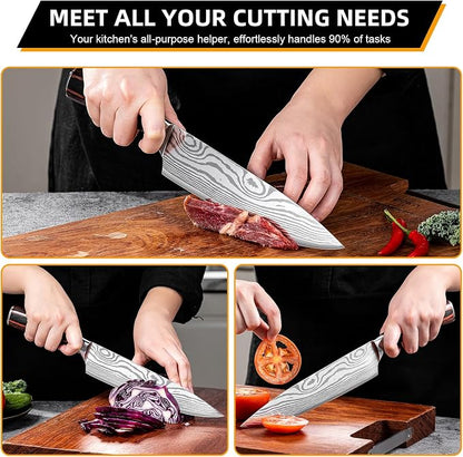 Chef Knife Professional Japanese AUS-10 Steel Core Kitchen Knife with Damascus Pattern, Razor Sharp 8 Inch Chefs Knife with Full-Tang Ergonomic Handle - Ideal for Home Cooks & Professional Chefs
