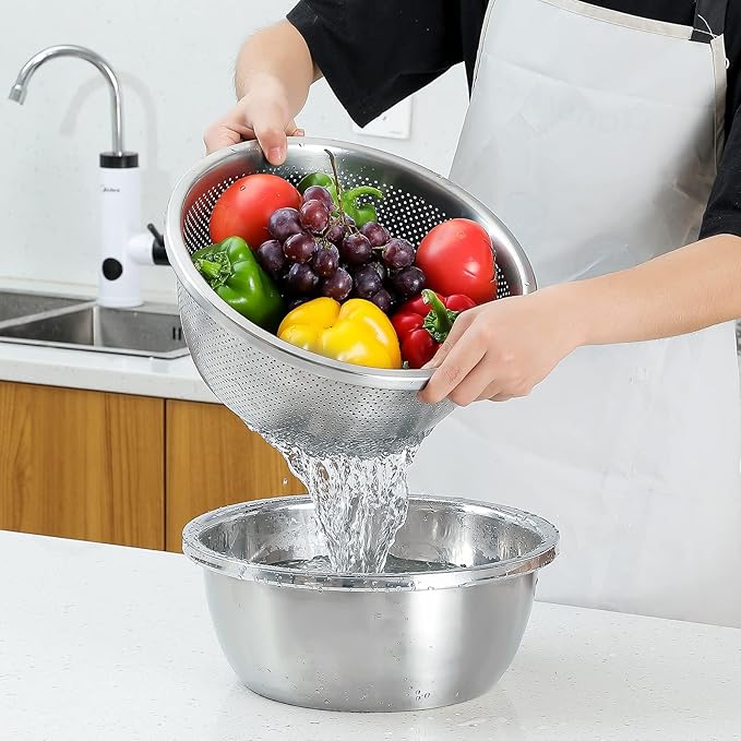 Paoli 304 Stainless Steel Fine Mesh Colander Set, 2.5QT Large Capacity Strainer with Mixing Bowl — Rinse Fruits, Veggies, Rice & Drain Pasta, Dishwasher Safe (2-Piece)