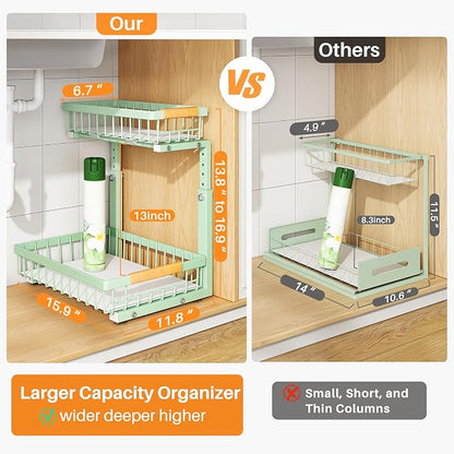 PXRACK Under Sink Organizer, Adjustable Height, 2 Tier Pull Out Under Cabinet Organizer, Slide Out Thickened Metal Under Sink Storage for Kitchen Bathroom Laundry Pantry Cabinet, Green, Large-1-Pack