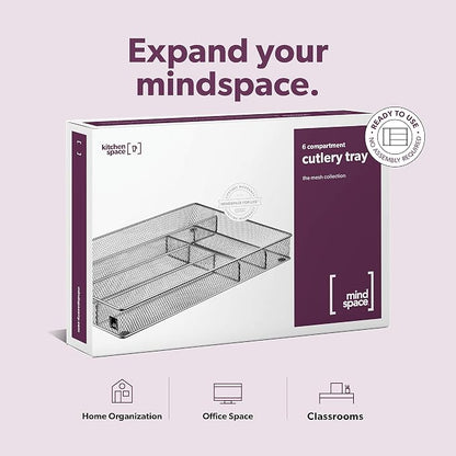Mindspace Cutlery Organizer Silverware Tray with 6 Compartments | Kitchen Utensil Drawer Organizer | Silverware Tray for Drawer | The Mesh Collection, Silver