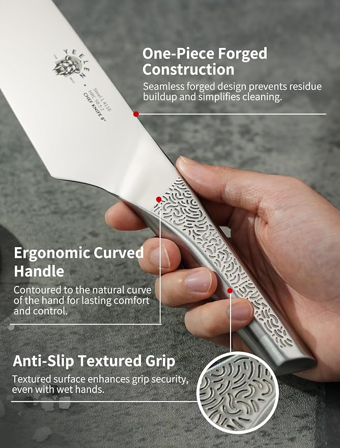 All Steel Chef Knife with Mirror Finish Blade, 8 inch German 1.4116 Steel Kitchen Knife, Anti-Slip Handle, Lightweight Cutting & Cooking Knife for Meat, BBQ & Daily Kitchen Use