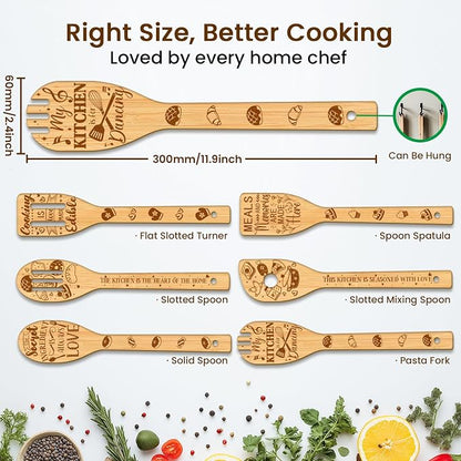 CUTHOLLOW 6PCS Funny Kitchen Wooden Kitchen Cooking Utensil Set, 11.9in Non Toxic Bamboo Wood Spoon Set for Cooking, Best Housewarming Birthday Thanksgiving Christmas Gift for Women Mother