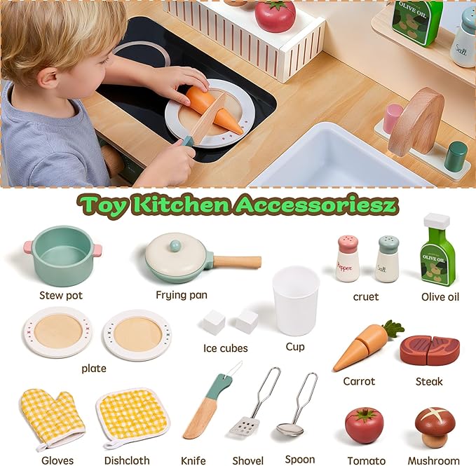 Kids Play Kitchen Toddler Kitchen Playset with Play Food Set Pretend Cooking Set with Sink, Stove, Microwave Wooden Toys Kitchen Gift for Girls and Boys